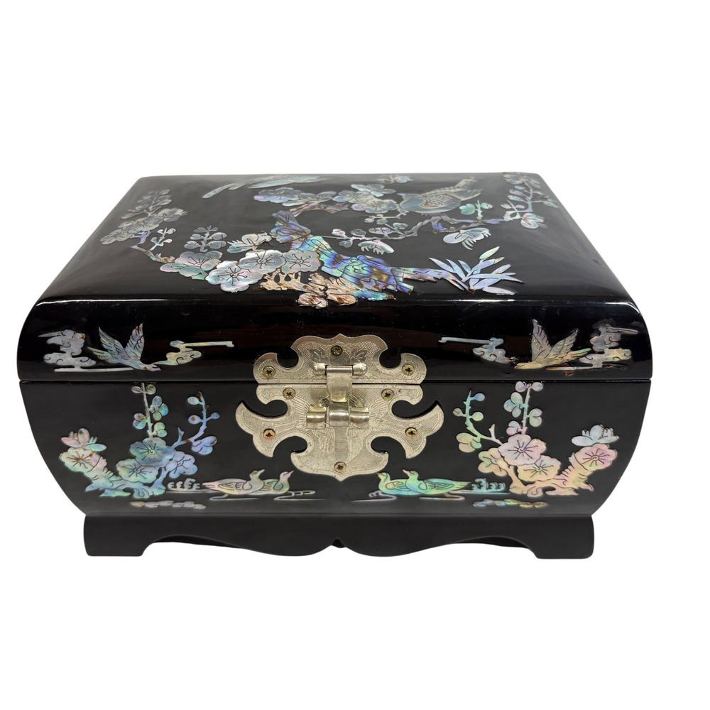 Vintage Mother of Pearl Inlay Black Lacquer Musical Jewelry Box Birds Floral 9in